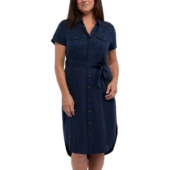 Teddi Rose Women's S Button Front Soft Tencel Midi Shirt Dress Belted Navy NWT - Picture 7 of 11